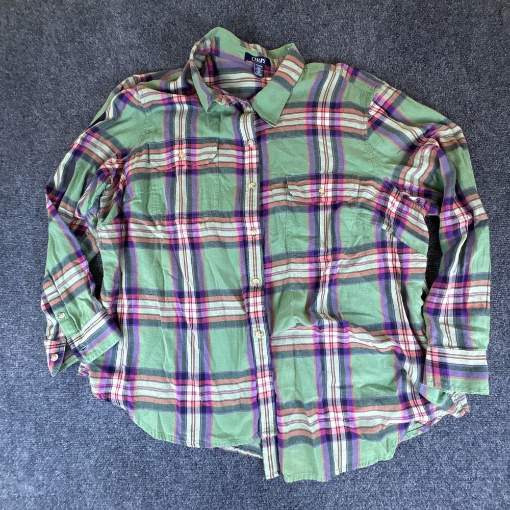 Chaps Denim Shirt Womens 3X Green Plaid‎ Twill Cotton Casual Pockets Button Up